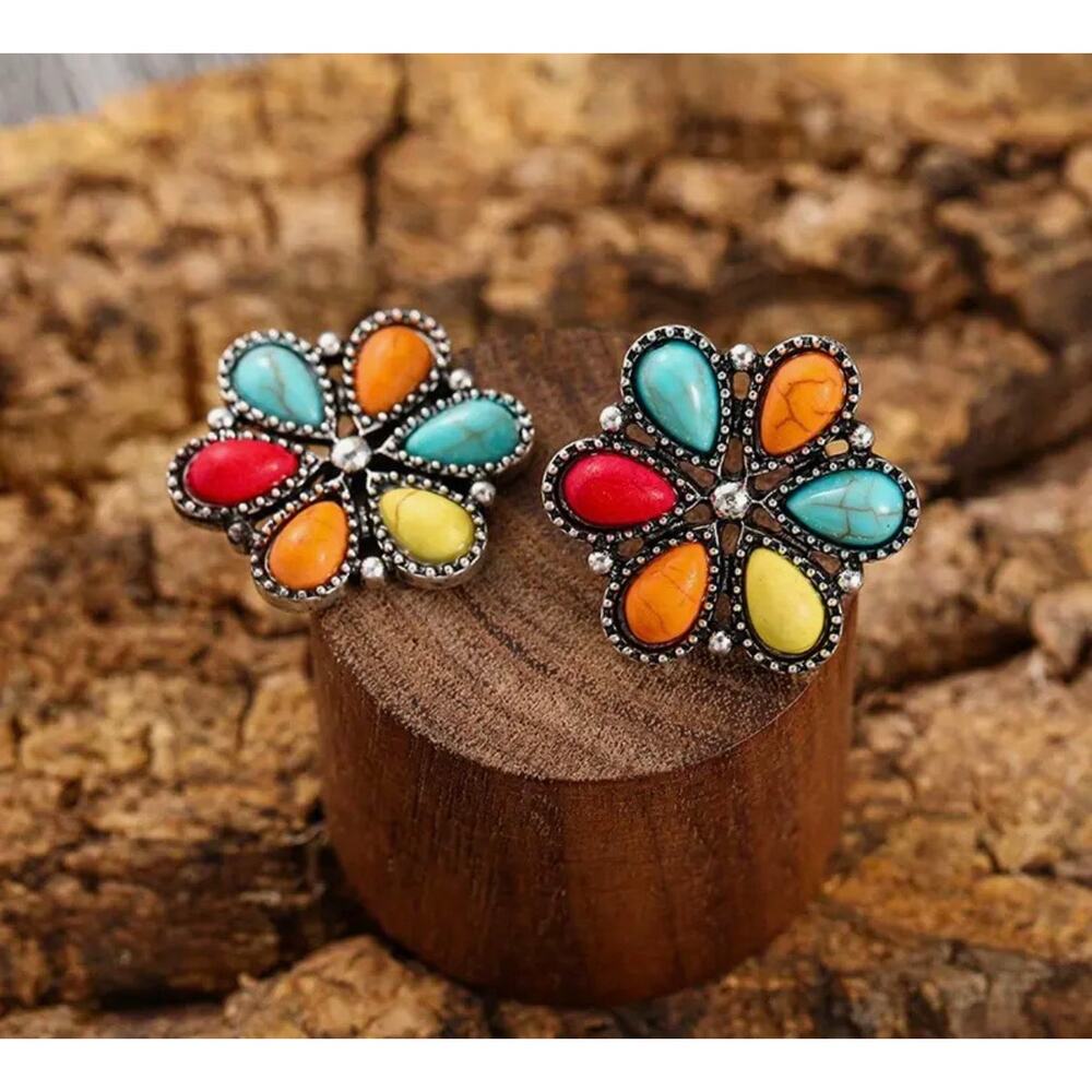 Pierced 1" silver and turquoise multi colored stone button style earrings
